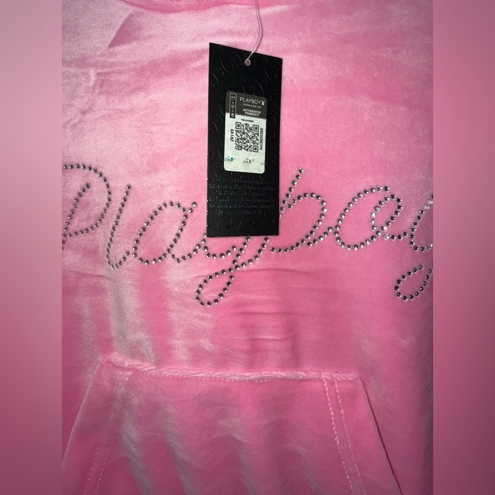 NWT Playboy Rhinestone Velour Cropped Pink Hoodie Small - Picture 4 of 6